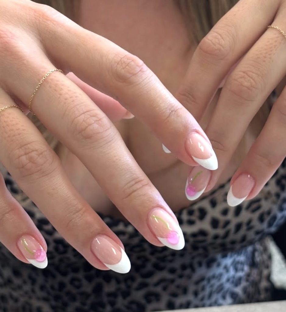 Pink Cherries on White Nails