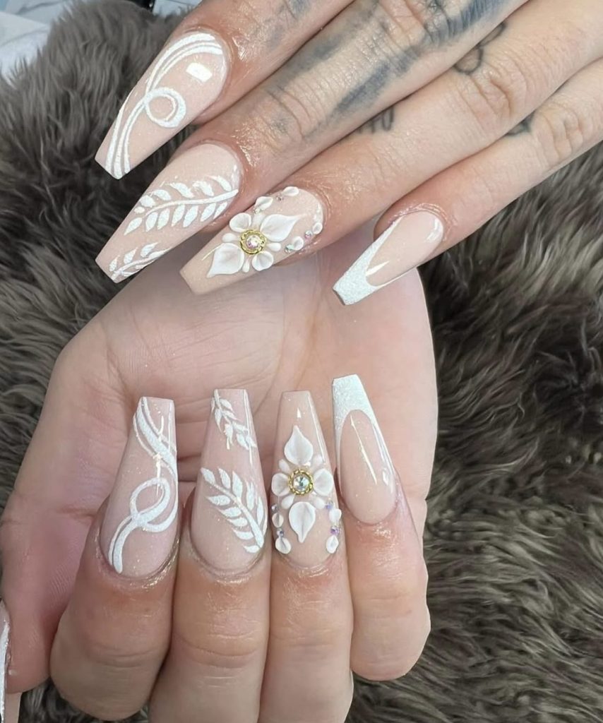 white french tip nails flowers